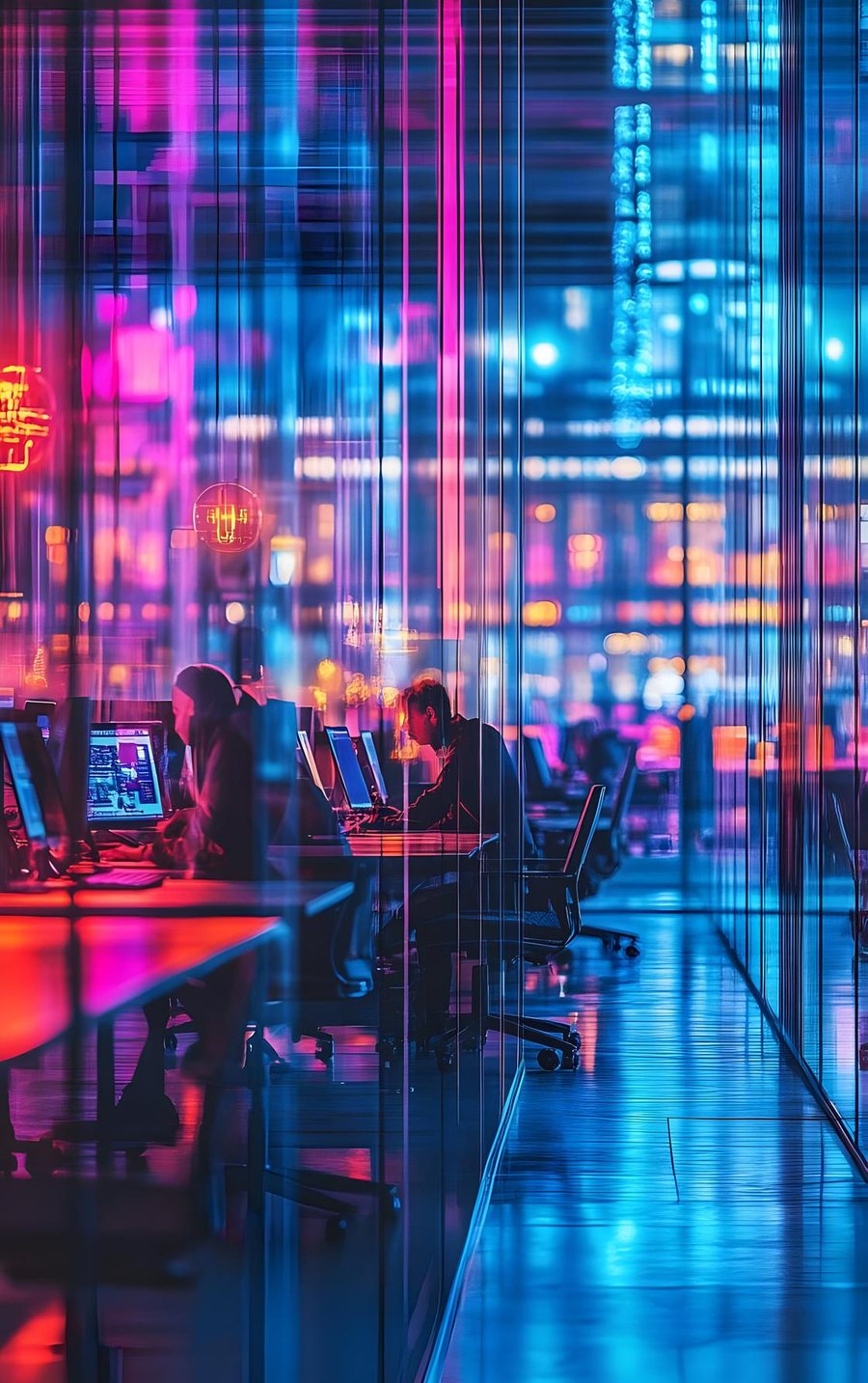 Equipa a trabalhar num escritório futurista com reflexos de luz neon